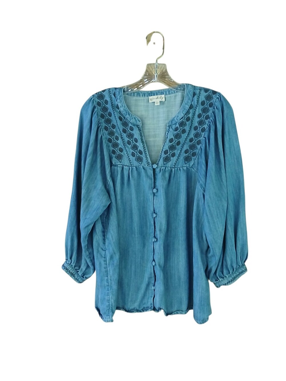 Wonderly Denim Blue Embroidered Peasant Blouse Large